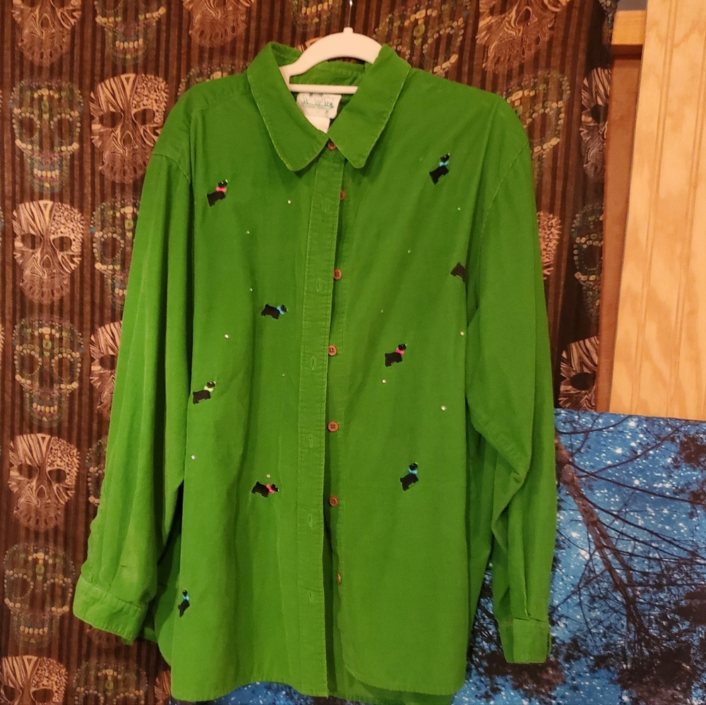 Quacker Factory Green Button-Down Shirt with Embroidered Dogs - Picture 7 of 9